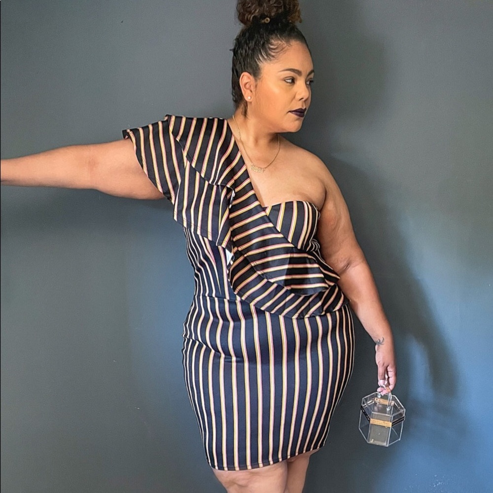 Plus Striped Double Ruffle Bodycon Dress